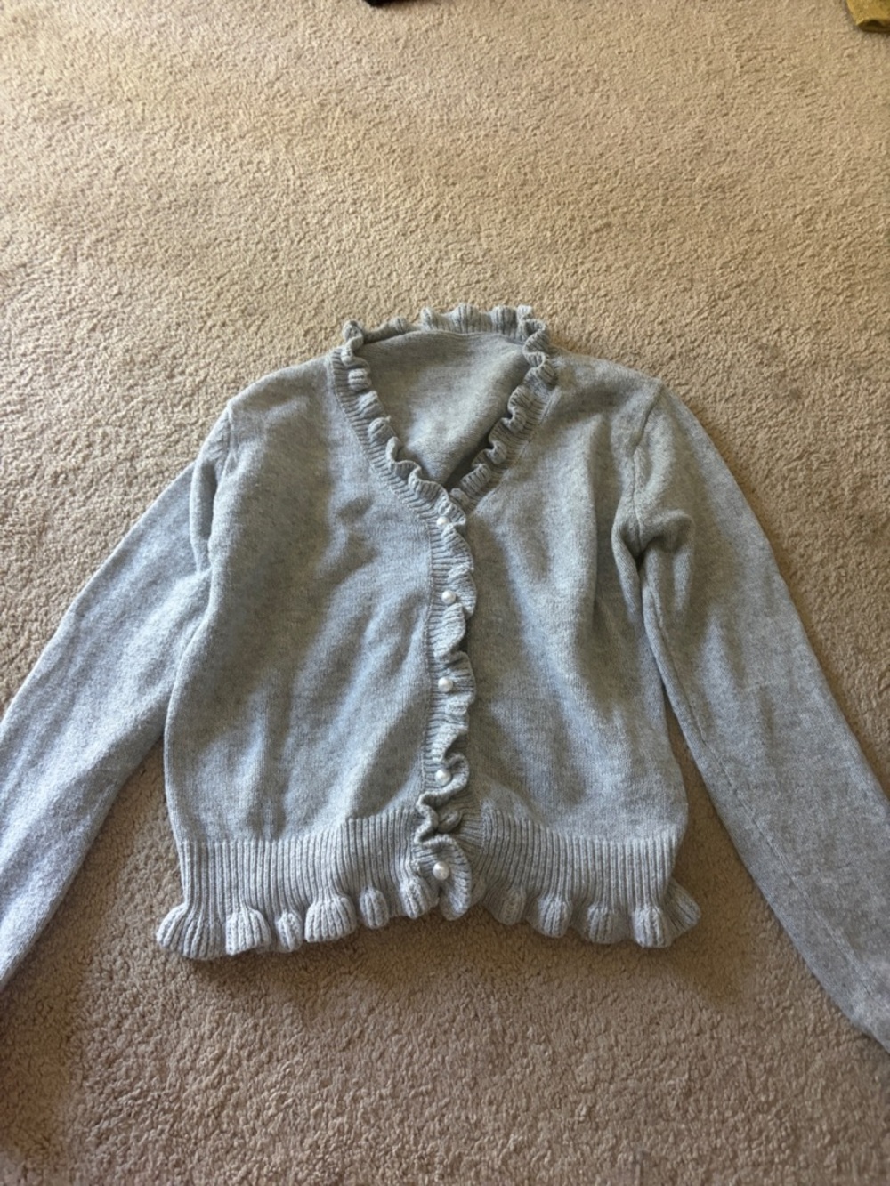 Light Gray Ruffle-Trim V-Neck Sweater Cardigan